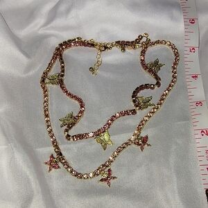 Set of 2 Gold Plated Rose Quartz Butterfly Choker Necklaces